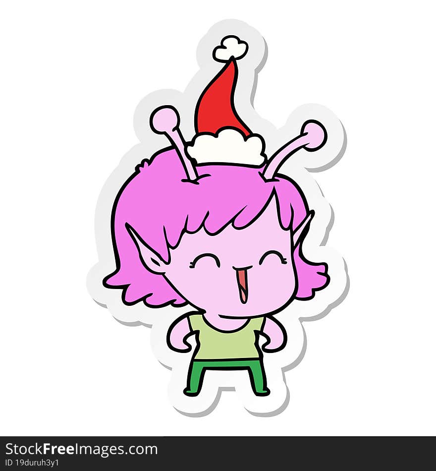 sticker cartoon of a alien girl laughing wearing santa hat