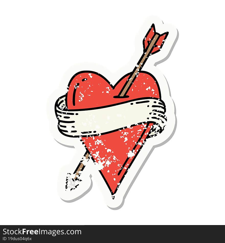 traditional distressed sticker tattoo of an arrow heart and banner