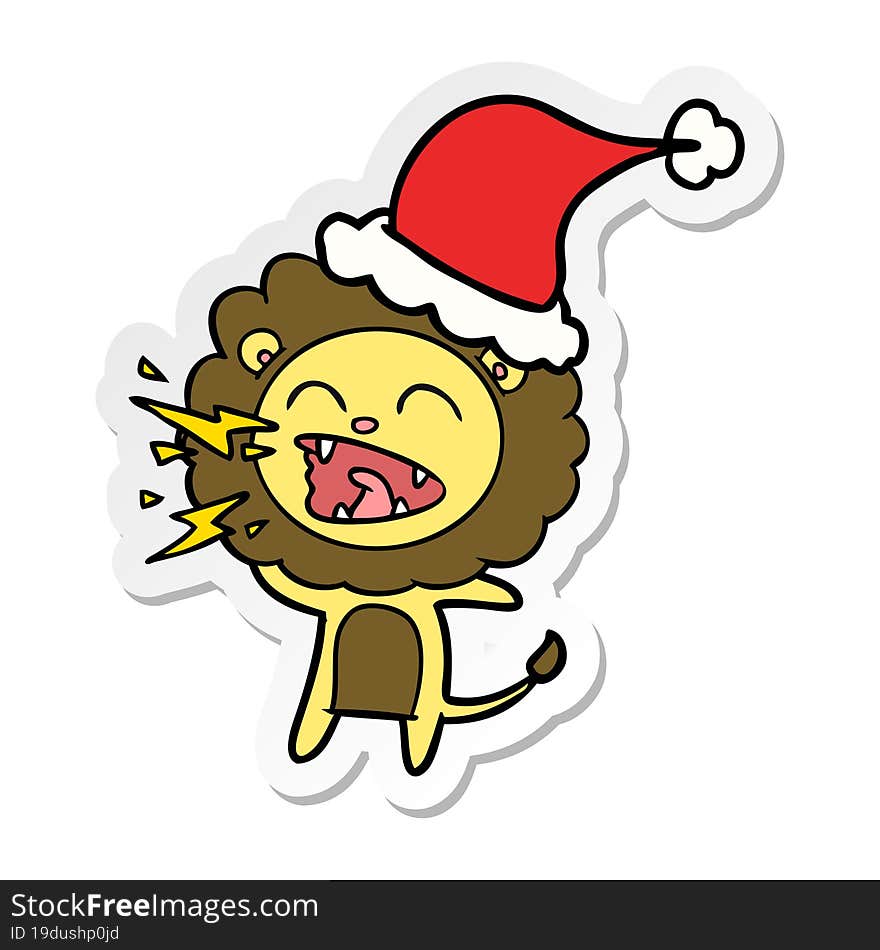 sticker cartoon of a roaring lion wearing santa hat