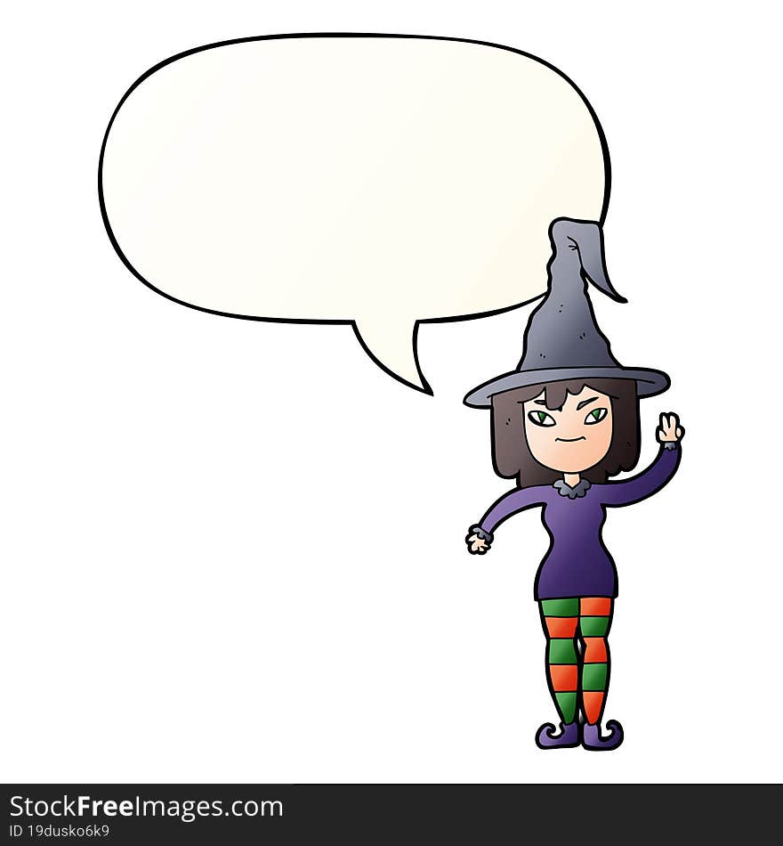 cartoon witch and speech bubble in smooth gradient style