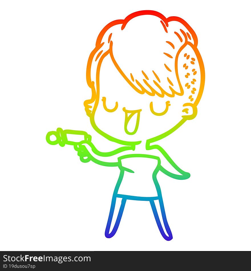 Rainbow Gradient Line Drawing Cute Cartoon Girl With Hipster Haircut