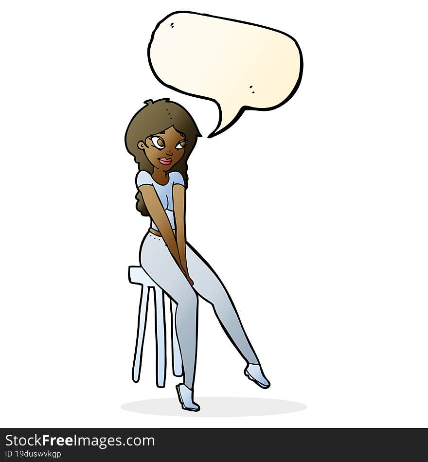 cartoon pretty girl on stool with speech bubble