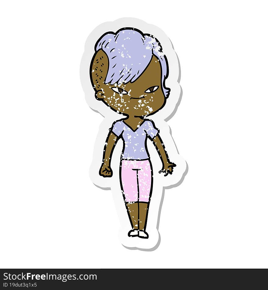 distressed sticker of a cute cartoon girl with hipster haircut