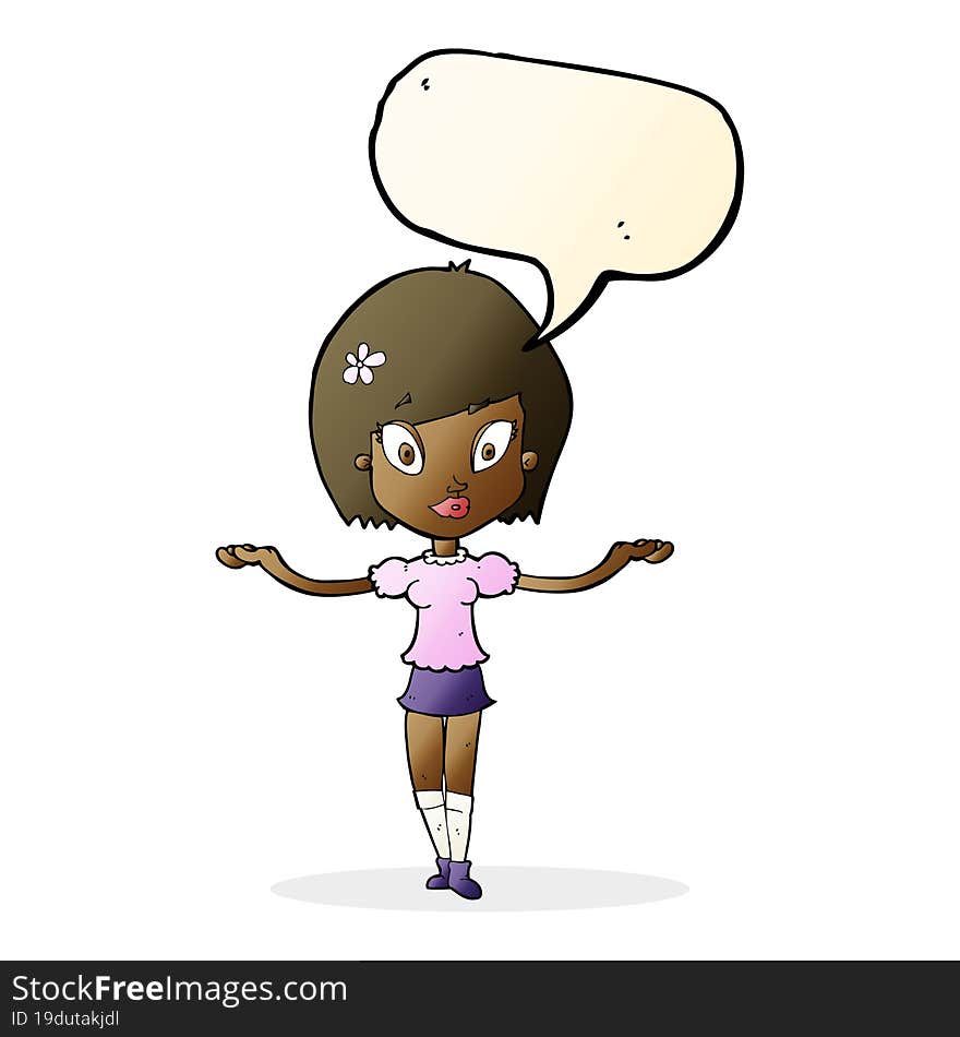 cartoon woman making balancing gesture with speech bubble