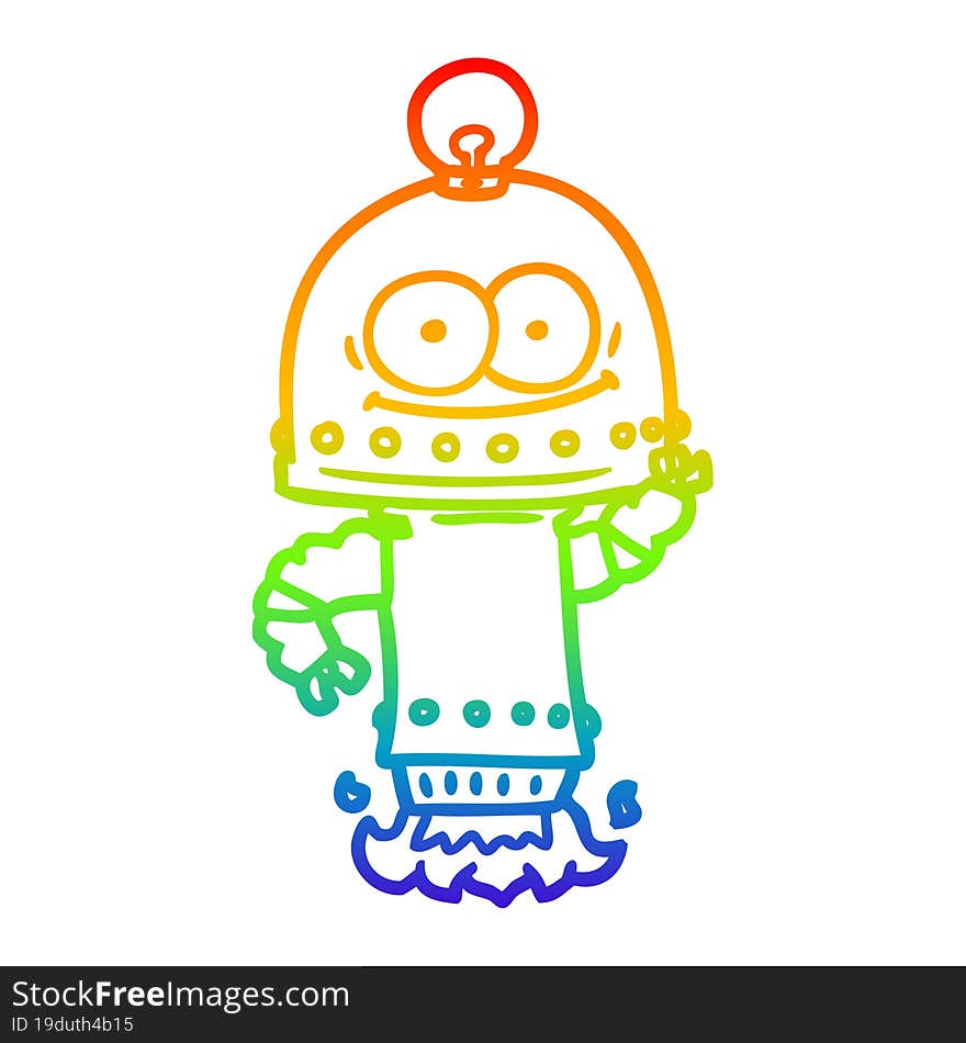 rainbow gradient line drawing of a happy carton robot with light bulb