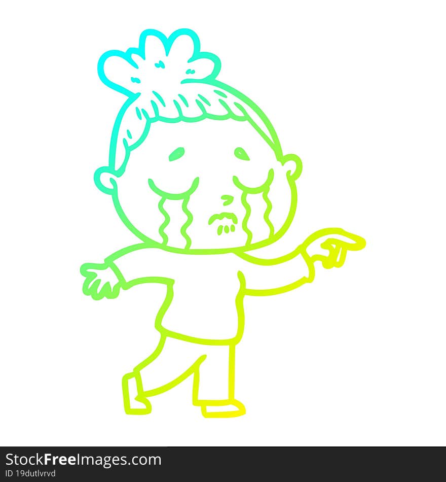 cold gradient line drawing of a cartoon crying woman pointing