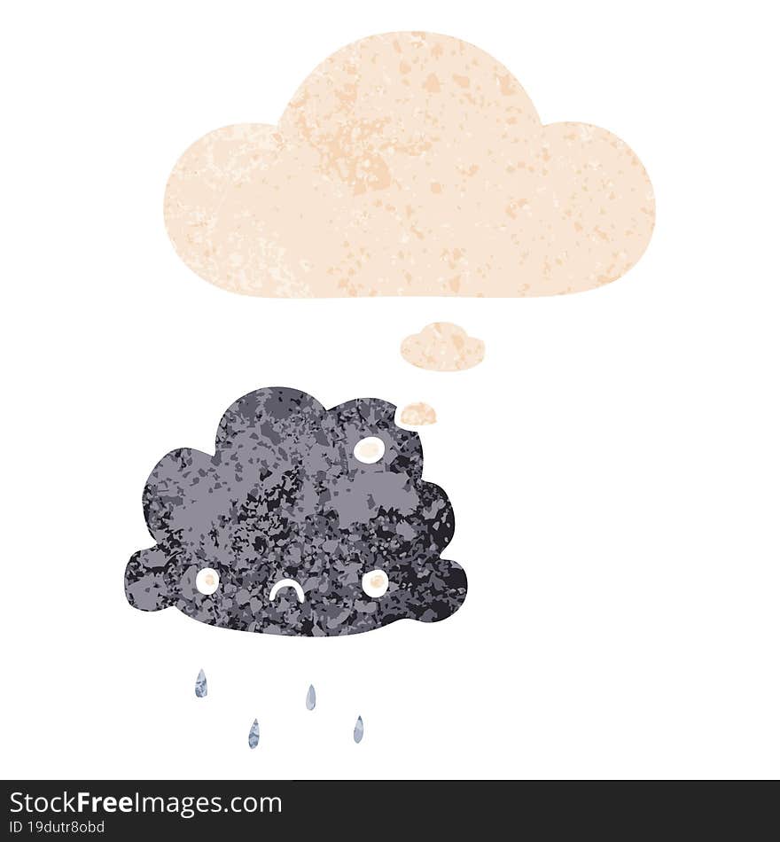 cartoon storm cloud and thought bubble in retro textured style