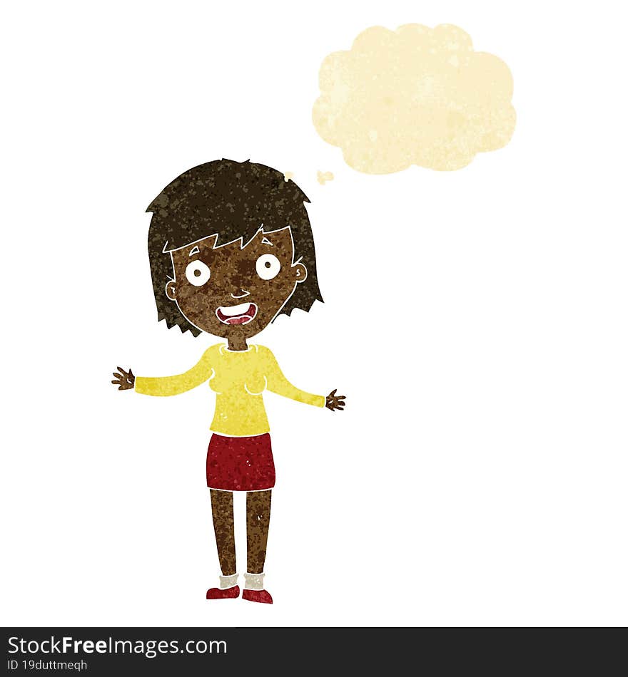 cartoon excited woman with thought bubble