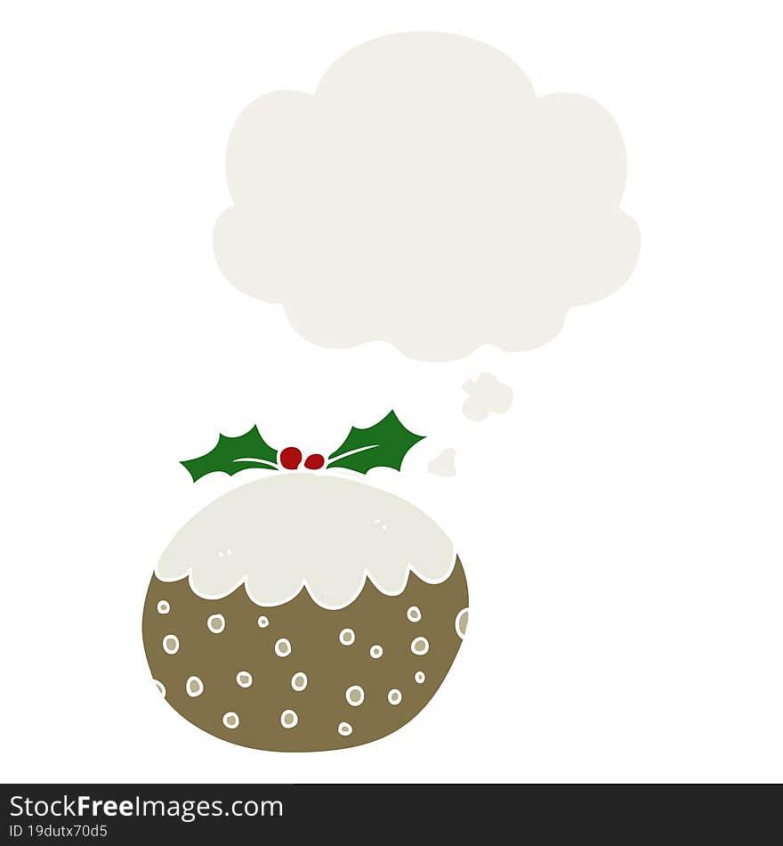 cartoon christmas pudding and thought bubble in retro style