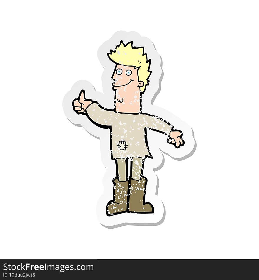 Retro Distressed Sticker Of A Cartoon Positive Thinking Man In Rags