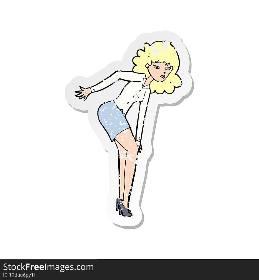 retro distressed sticker of a cartoon annoyed woman rubbing knee