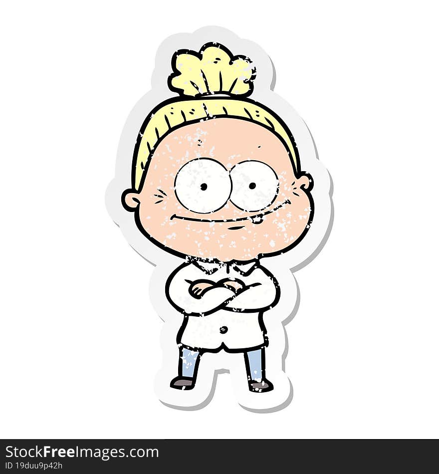 distressed sticker of a cartoon happy old woman