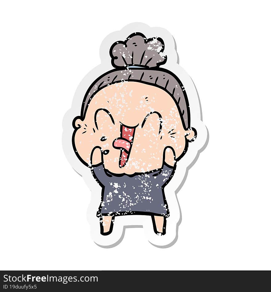 distressed sticker of a cartoon happy old woman