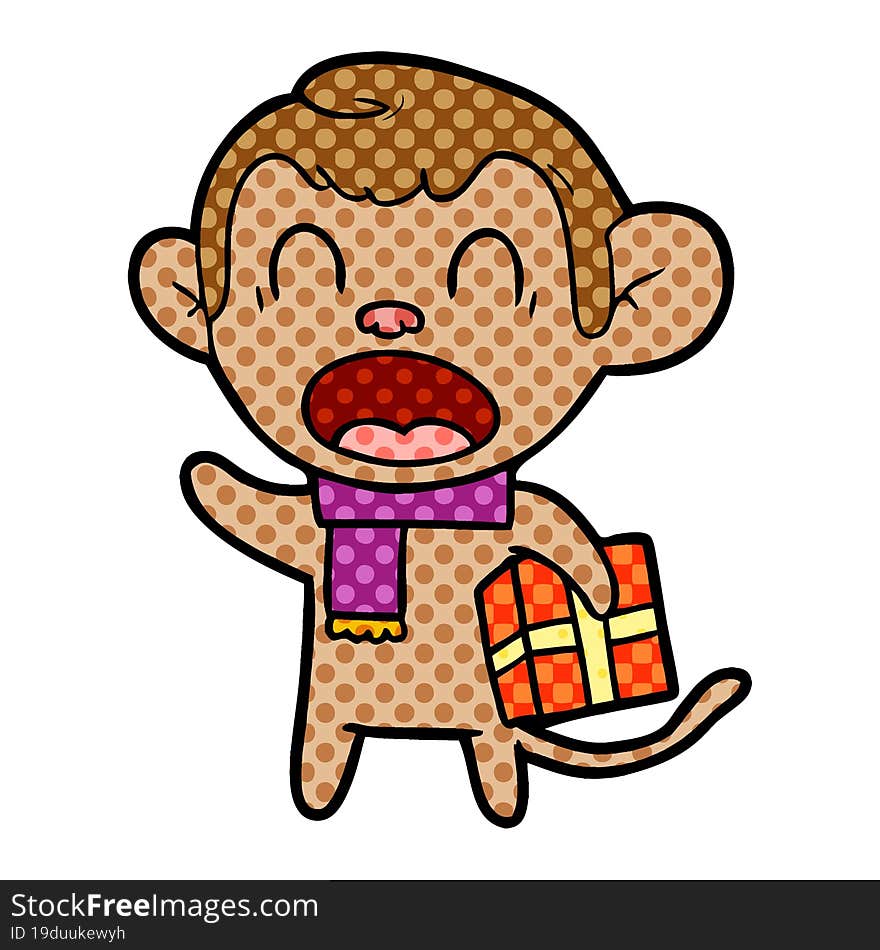 shouting cartoon monkey carrying christmas gift. shouting cartoon monkey carrying christmas gift