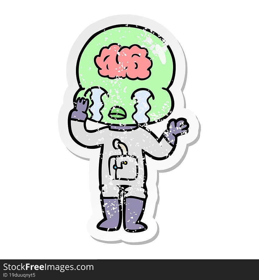 distressed sticker of a cartoon big brain alien crying