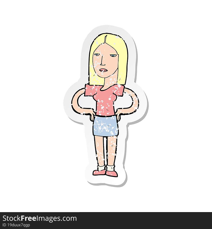 retro distressed sticker of a cartoon woman with hands on hips