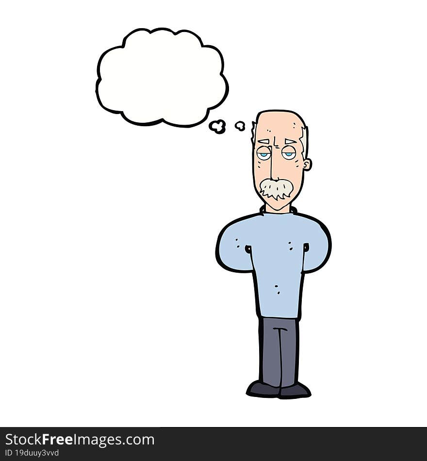 cartoon annoyed balding man with thought bubble