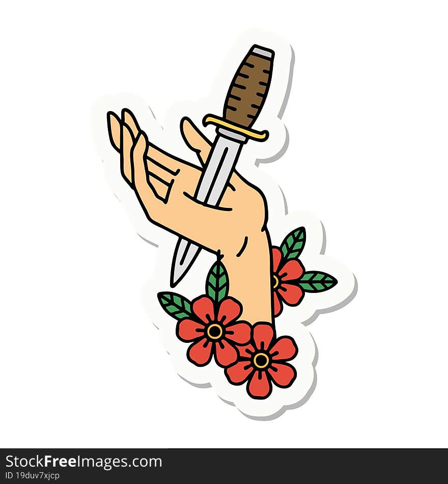 sticker of tattoo in traditional style of a dagger in the hand. sticker of tattoo in traditional style of a dagger in the hand