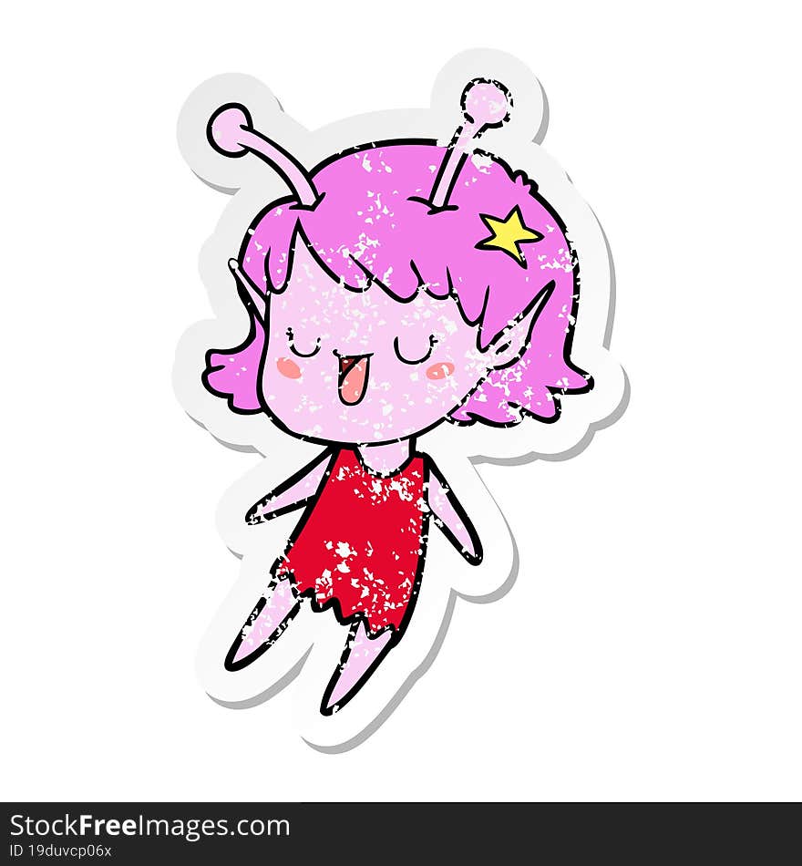 distressed sticker of a happy alien girl cartoon