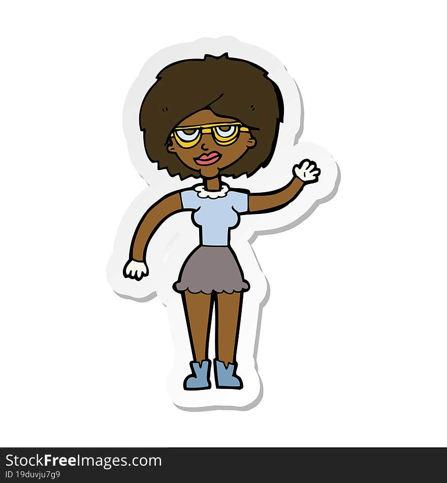 sticker of a cartoon waving woman wearing spectacles