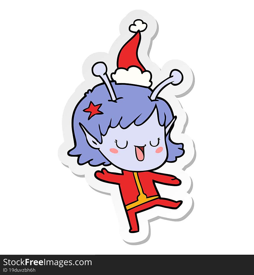 happy alien girl sticker cartoon of a wearing santa hat