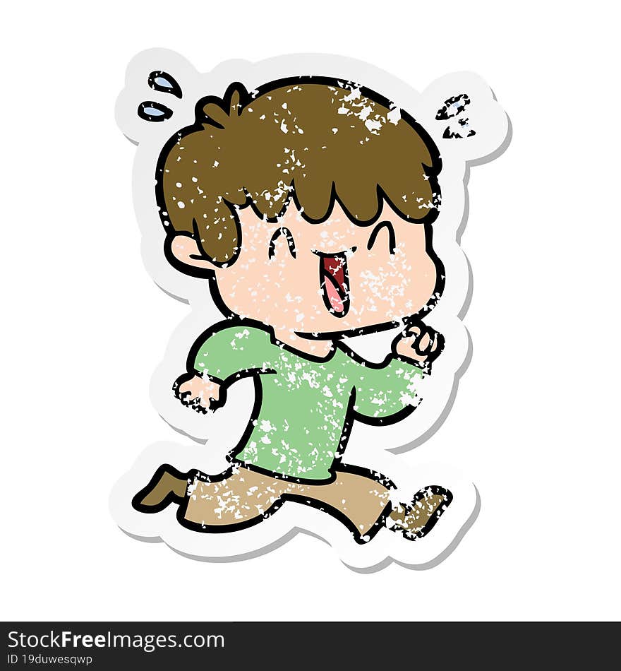 distressed sticker of a cartoon laughing boy