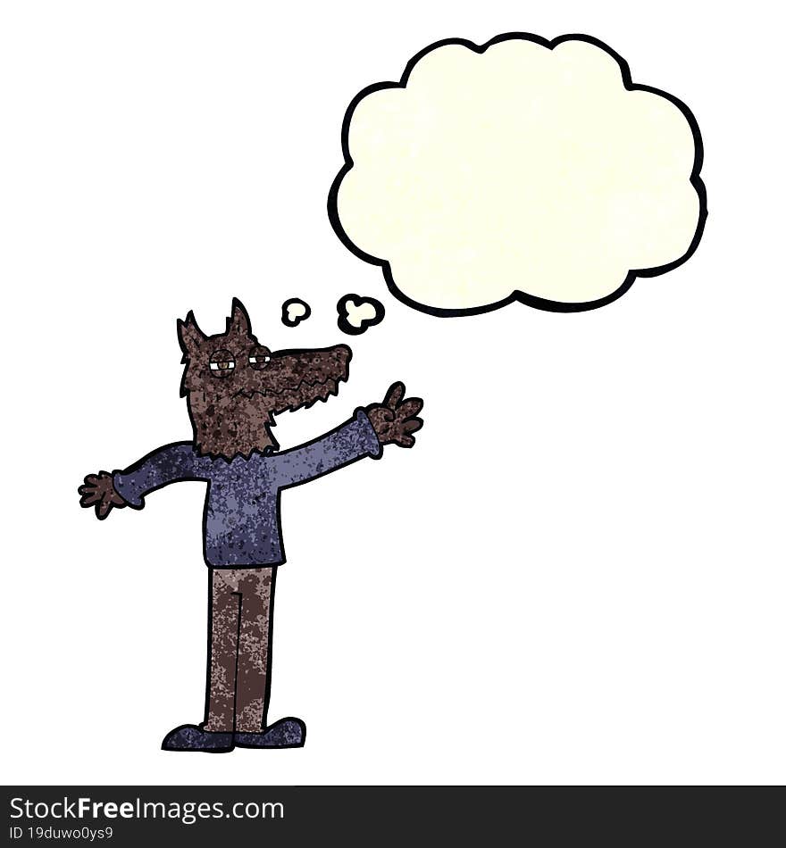 cartoon waving wolf with thought bubble