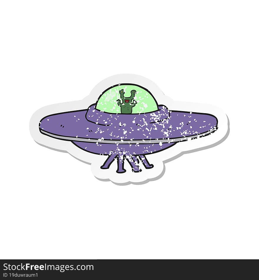 retro distressed sticker of a cartoon alien spaceship