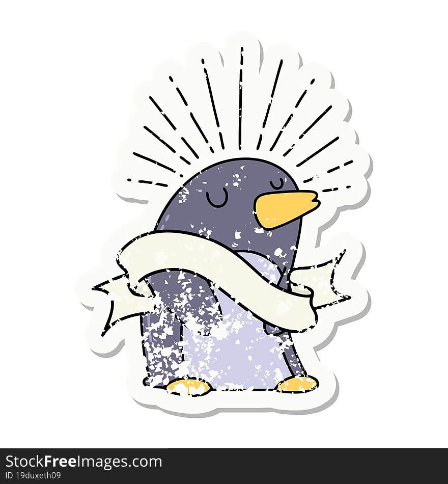 grunge sticker of tattoo style happy penguin