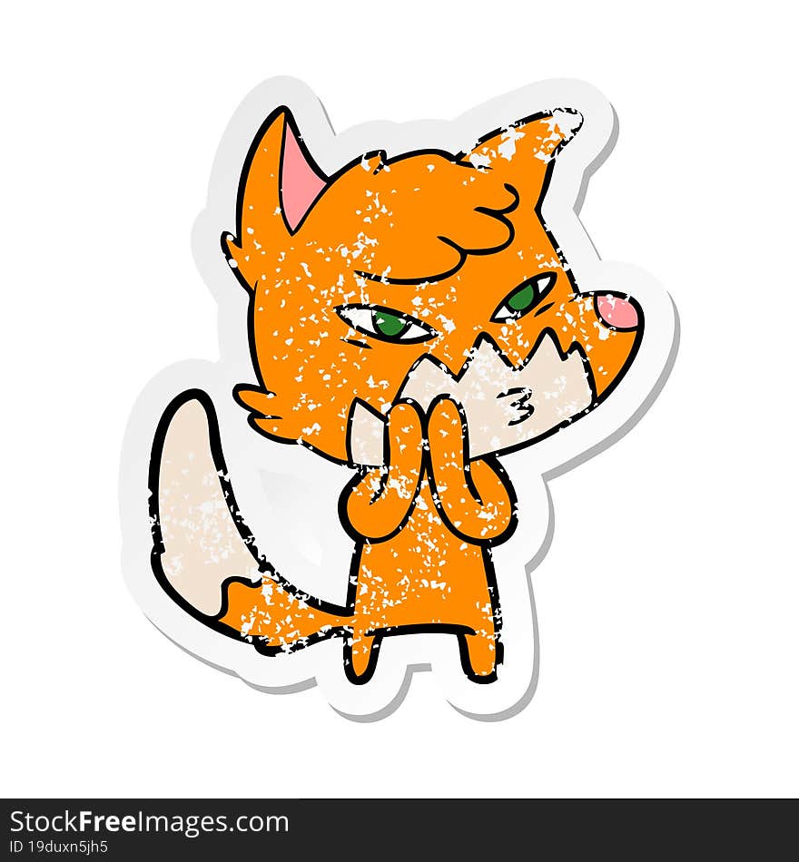 Distressed Sticker Of A Clever Cartoon Fox