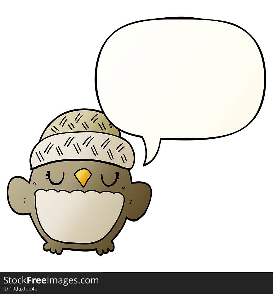 cute cartoon owl in hat and speech bubble in smooth gradient style