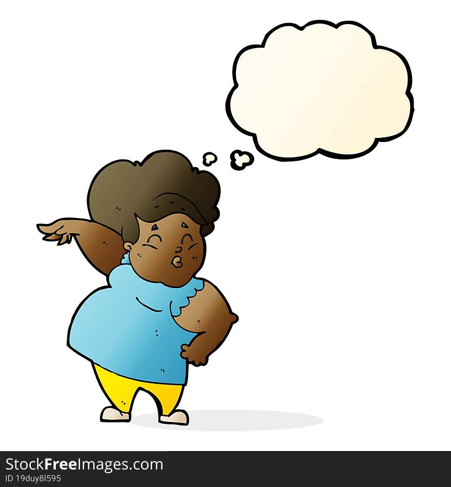 cartoon happy overweight lady with thought bubble