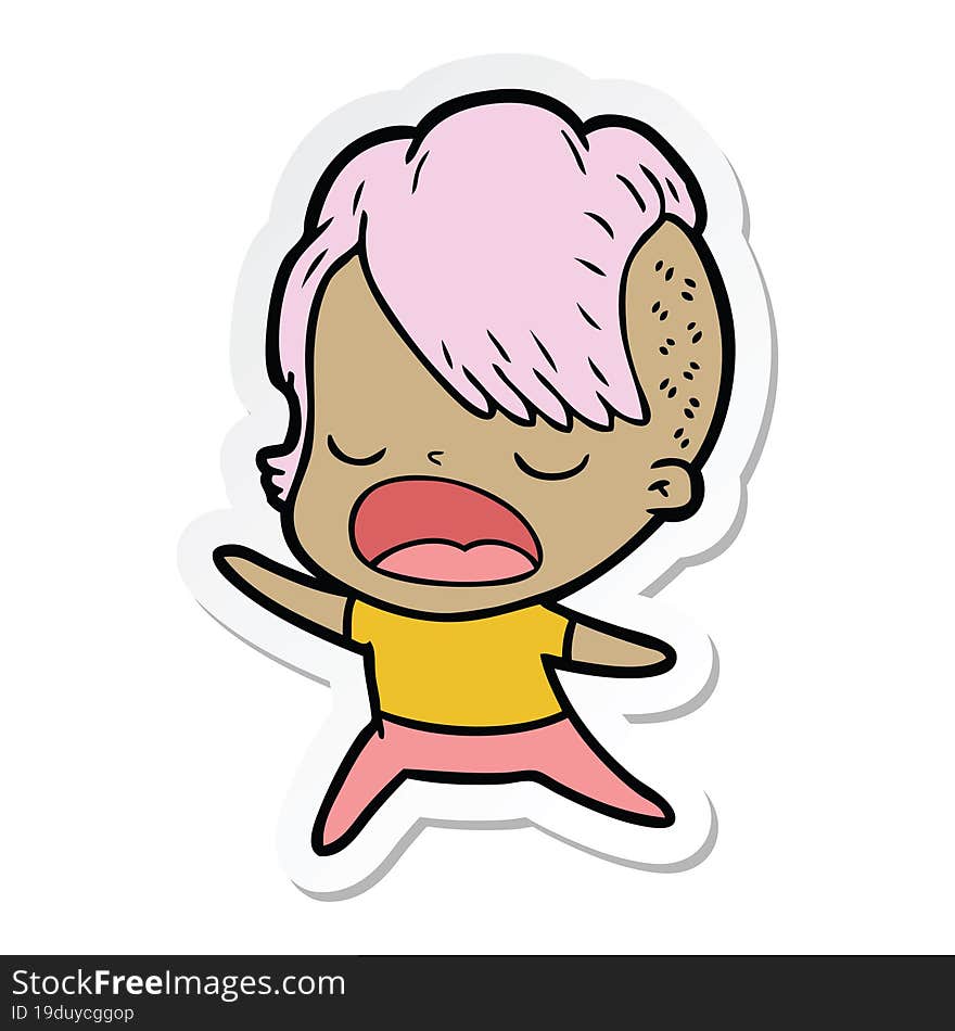 sticker of a cartoon cool hipster girl talking