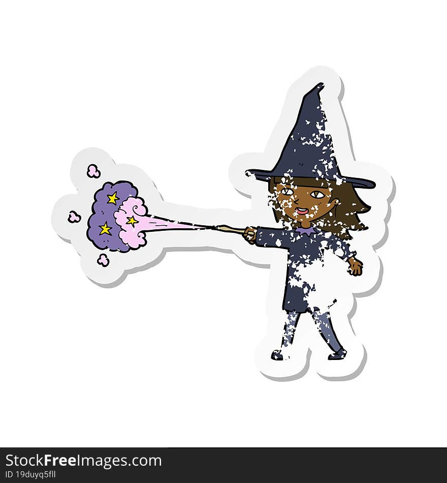 retro distressed sticker of a cartoon witch girl casting spell