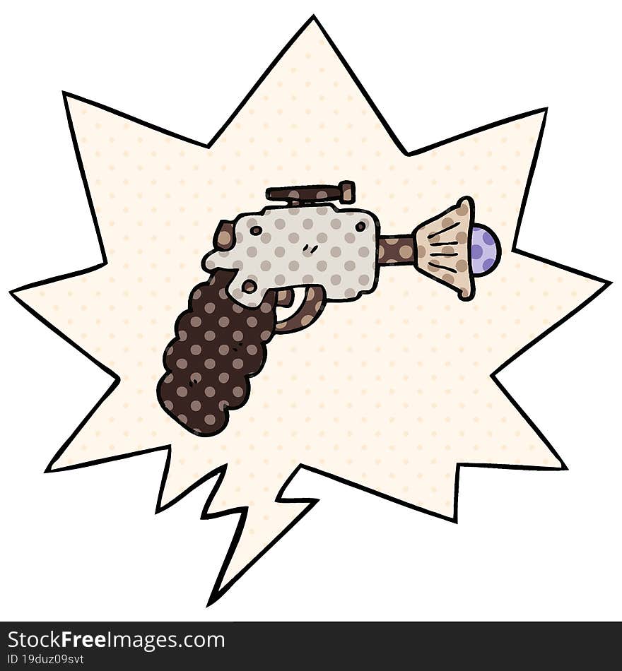 cartoon ray gun and speech bubble in comic book style