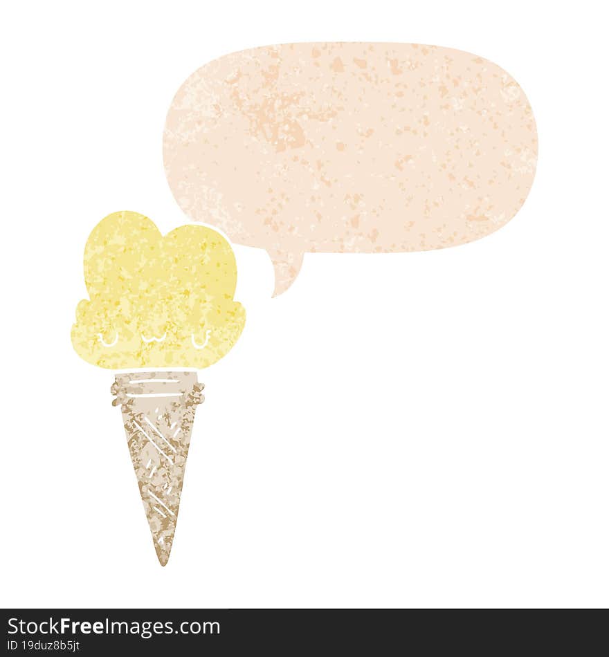 Cartoon Ice Cream With Face And Speech Bubble In Retro Textured Style