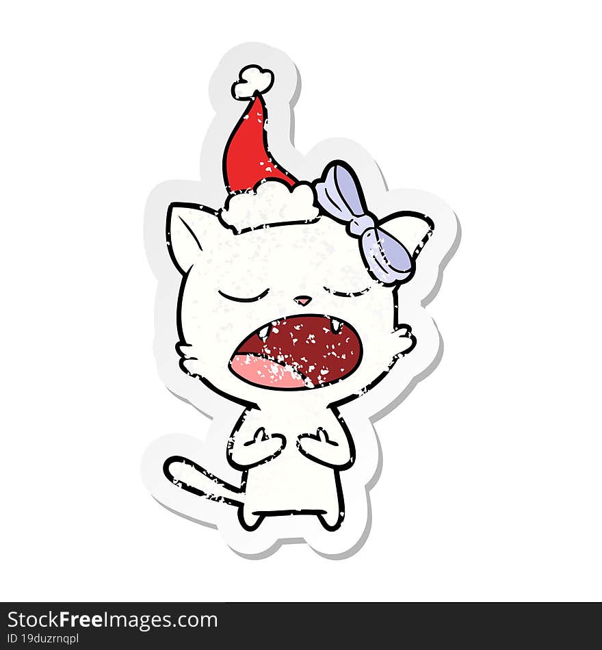 distressed sticker cartoon of a cat meowing wearing santa hat