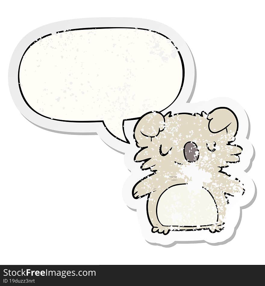 cute cartoon koala with speech bubble distressed distressed old sticker. cute cartoon koala with speech bubble distressed distressed old sticker