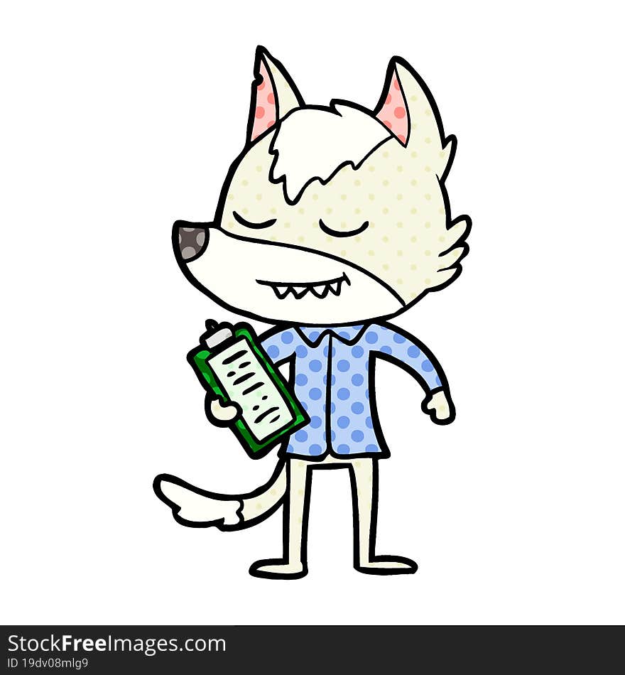 friendly cartoon wolf with notes. friendly cartoon wolf with notes