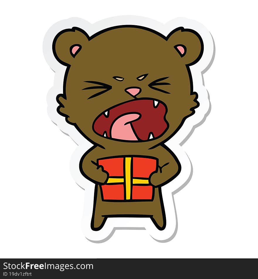 Sticker Of A Angry Cartoon Bear With Present