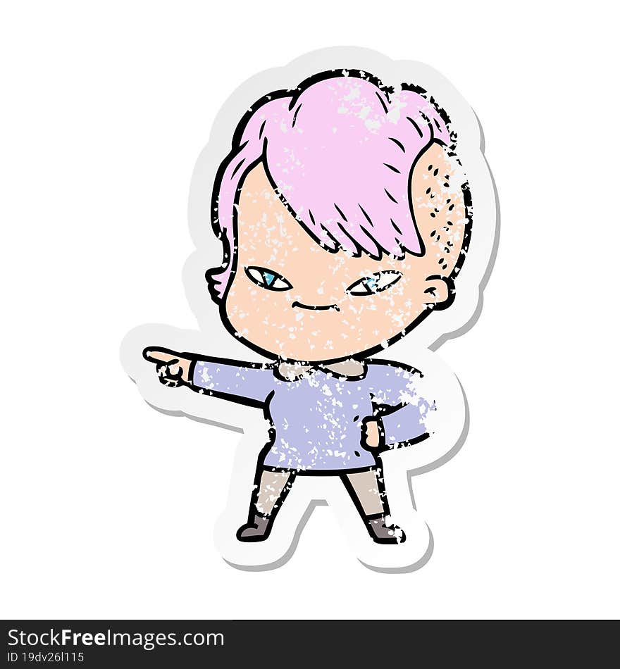 distressed sticker of a cute cartoon girl with hipster haircut