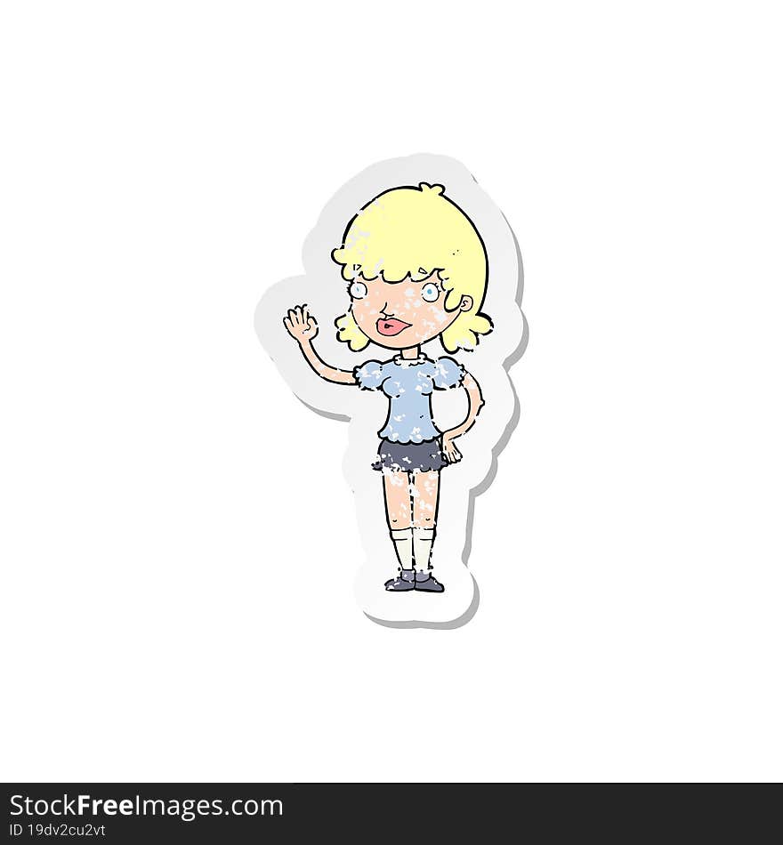 retro distressed sticker of a cartoon waving woman