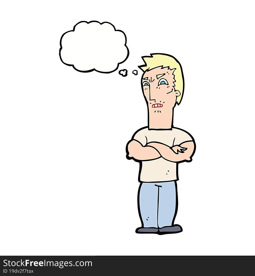 cartoon annoyed man with folded arms with thought bubble