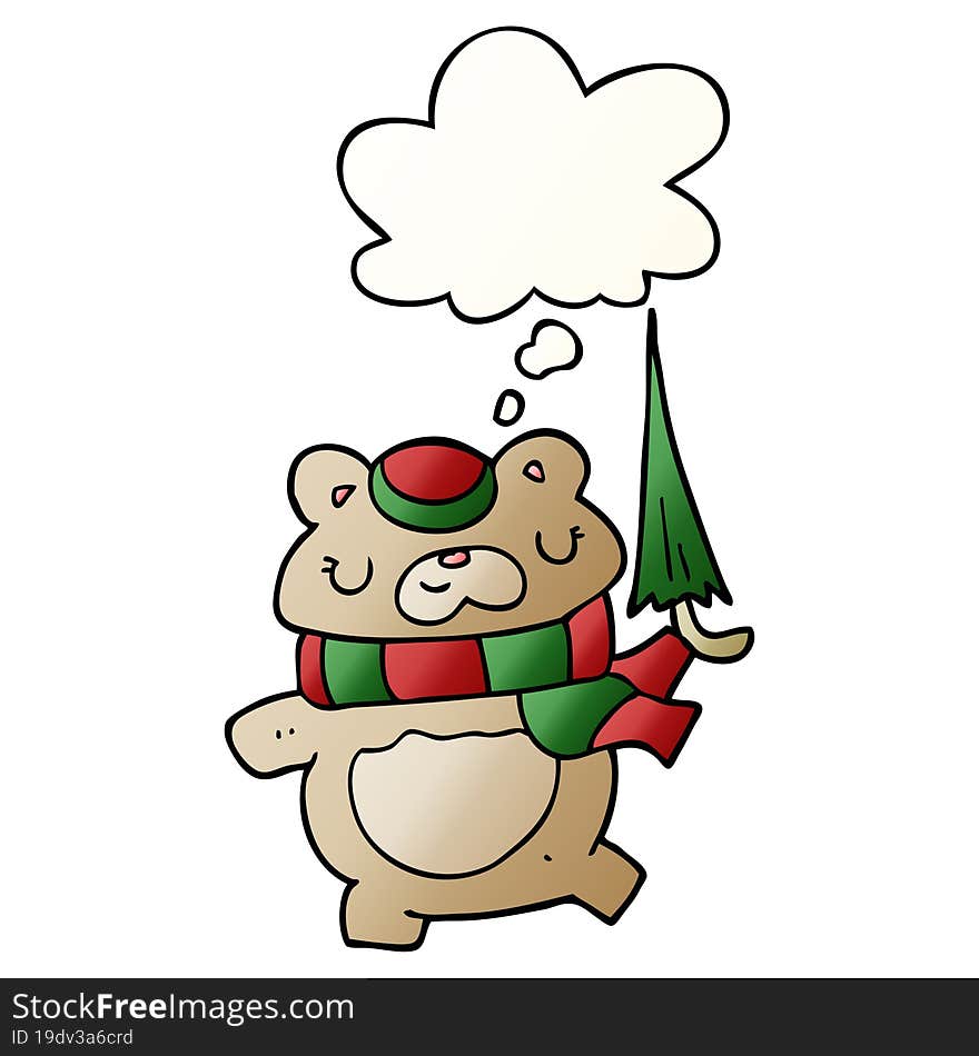 cartoon bear with umbrella and thought bubble in smooth gradient style