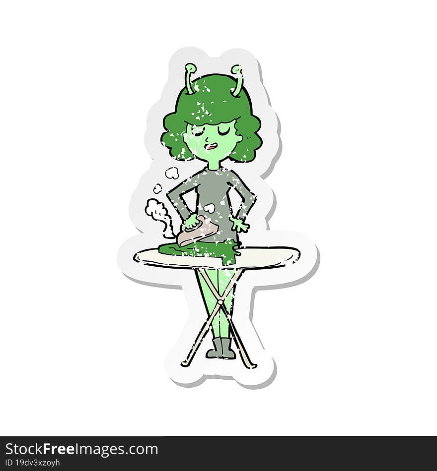 retro distressed sticker of a cartoon alien woman ironing