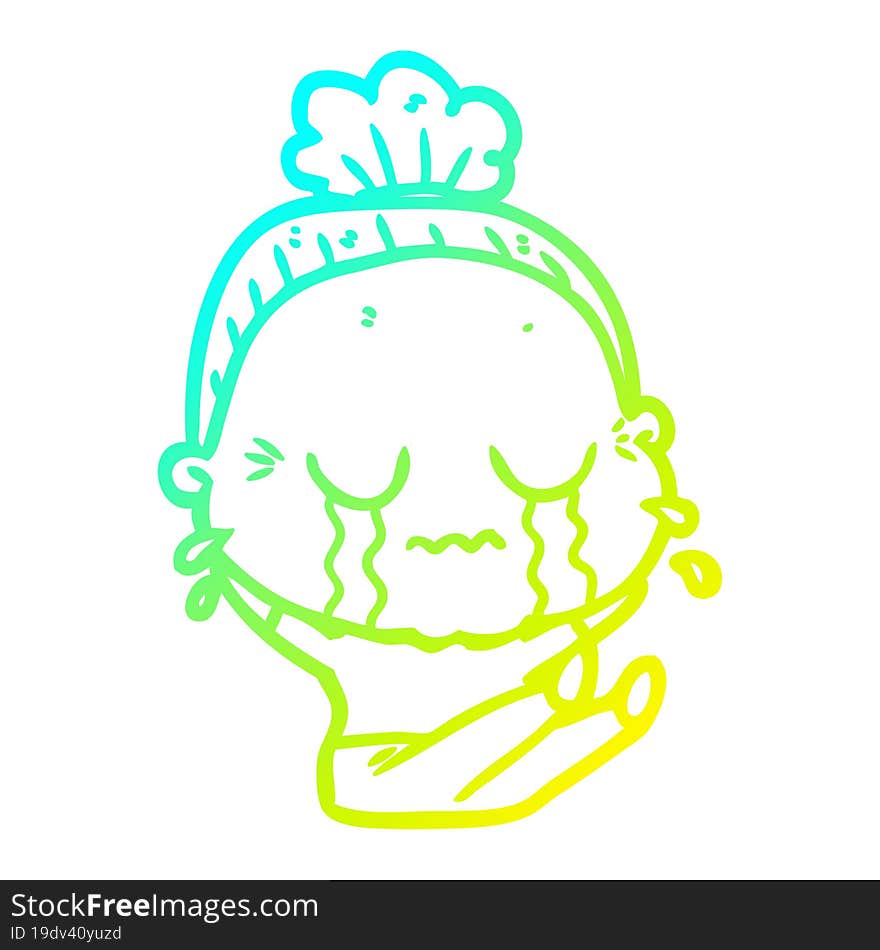 cold gradient line drawing of a cartoon crying old lady