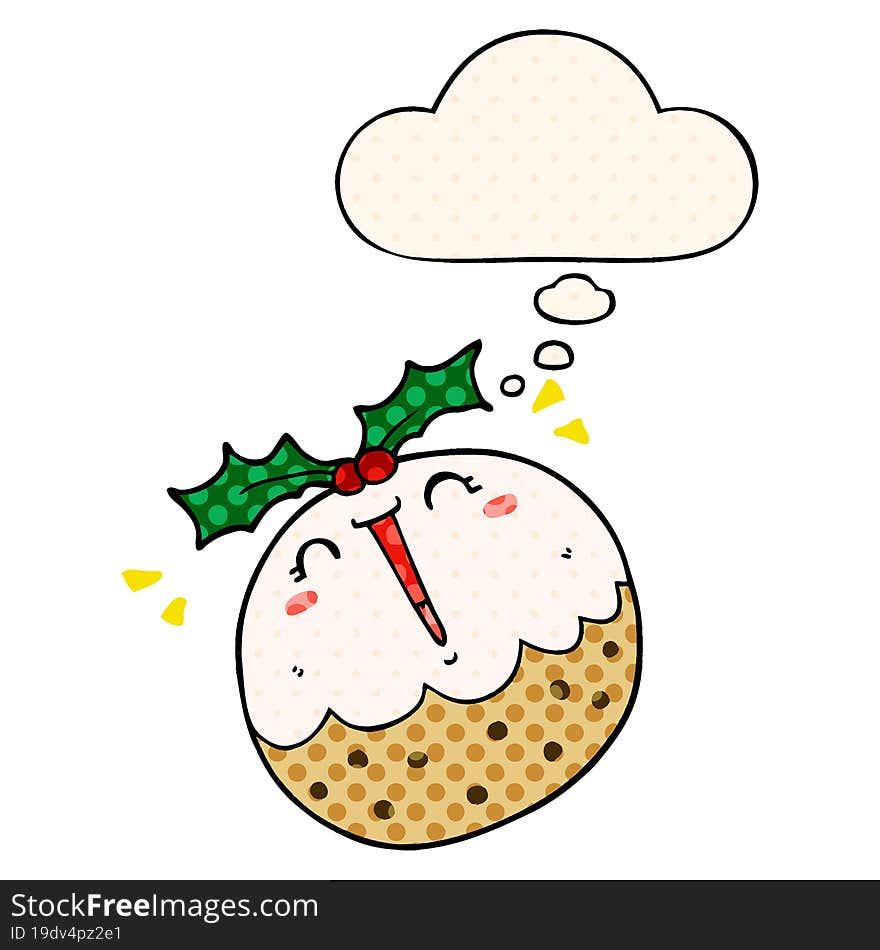 cute cartoon christmas pudding and thought bubble in comic book style