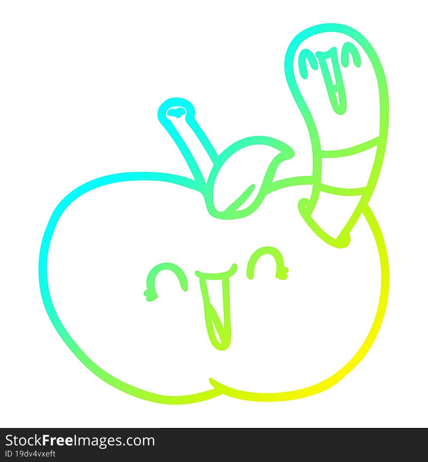 Cold Gradient Line Drawing Cartoon Worm In Happy Apple