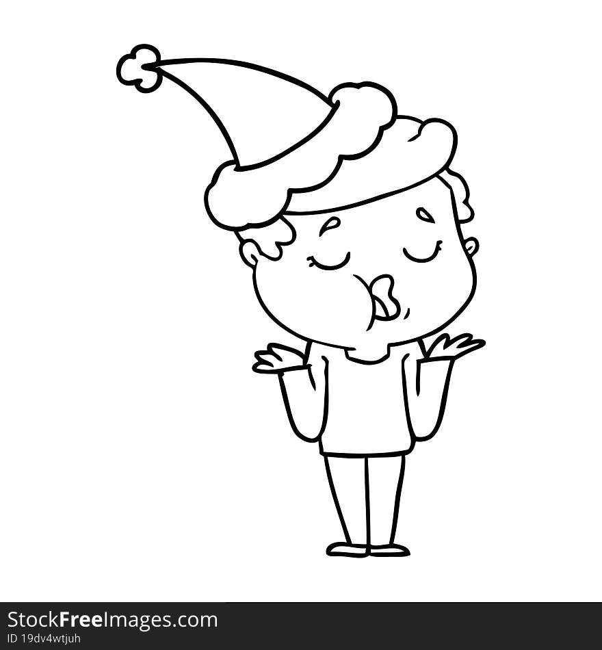 Line Drawing Of A Man Talking And Shrugging Shoulders Wearing Santa Hat