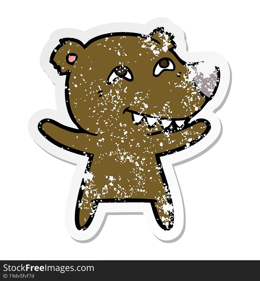 distressed sticker of a cartoon bear showing teeth